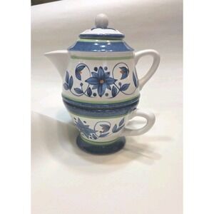 Pfaltzgraff Tea For One‎ Porcelain Teapot with Lid and Cup Floral Blue Pattern